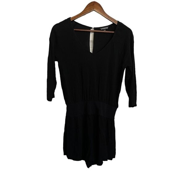 Express Womens Black Vneck Surplus Pockets 3/4 Sleeve Shorts Romper Size XS - Picture 1 of 8